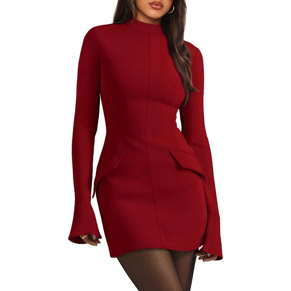 Women's Wine Fall Long Sleeve Neck Mini Dress Party Club Bodycon